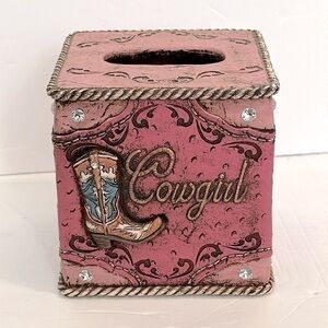 Western Cowgirl Boot with Horseshoe Fabulous Pink Tissue Box Cover Sculpture